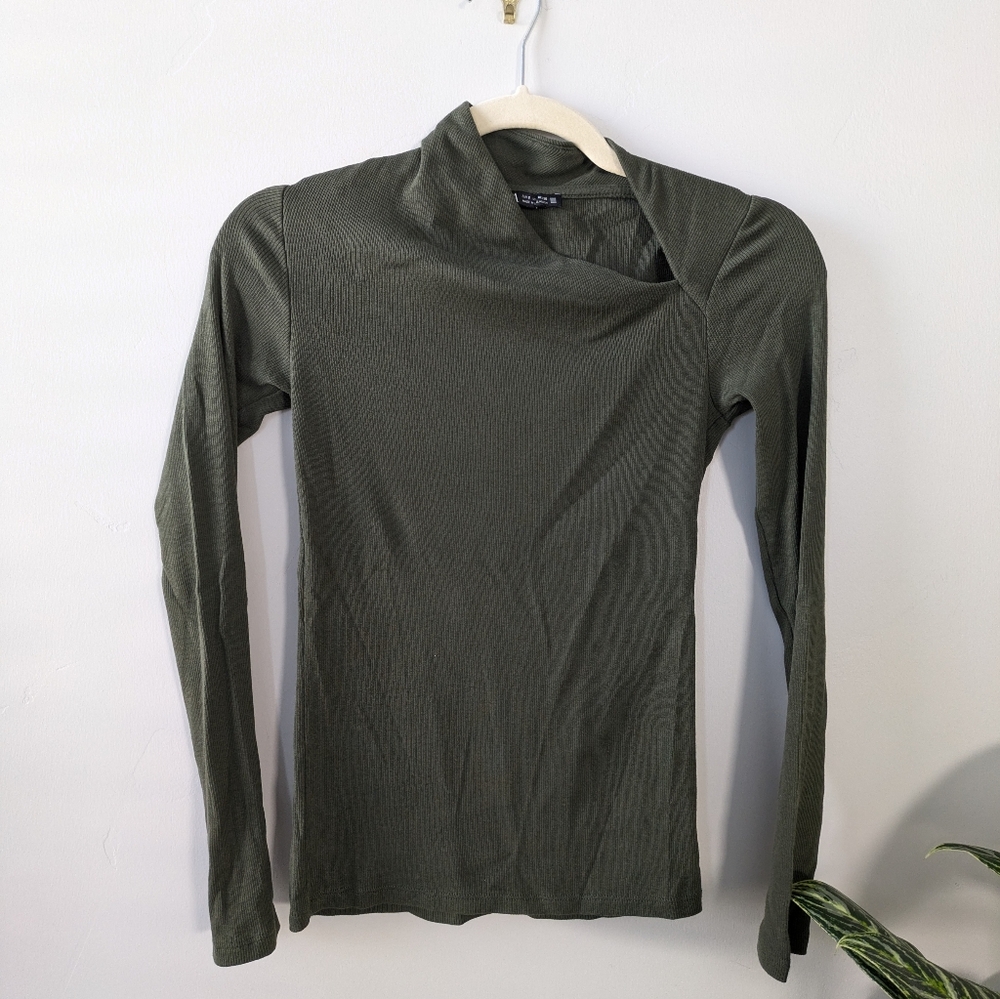Zara Asymmetric Neck Olive Green Long Sleeve Top